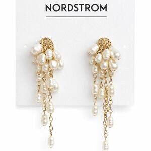 Nordstrom Pearl Cluster Drop Earrings Gold Tone Bridal, NWT